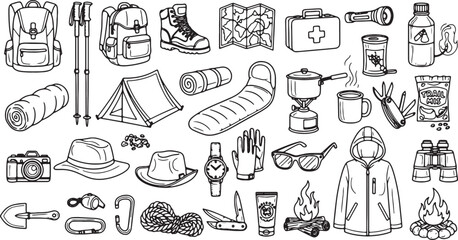 Fototapeta premium camping and hiking essentials flat design vector illustration set