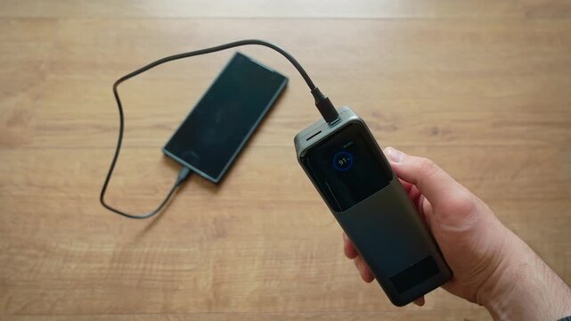 Right hand connecting power bank to smartphone using USB cable close up external battery charging mobile device. Screen indicator on power bank showing charge level while phone battery icon increasing