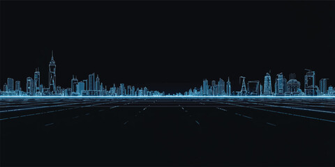 Abstract blue city background with an equalizer design featuring a night urban skyline illustration of architectural buildings and skyscraper silhouettes © JAHURA
