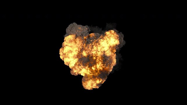 Top view explosion with fire and smoke on alpha channel. 3d animation of fire and smoke burst top down view. Fire and smoke explosion isolated