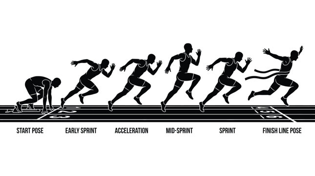 Set of running athlete silhouettes showing different stages of a sprint race, from starting block to crossing the finish line