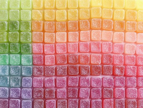Vibrant seamless background of small glossy gummy candy squares meticulously arranged in precise colorful rows with a rainbow gradient effect