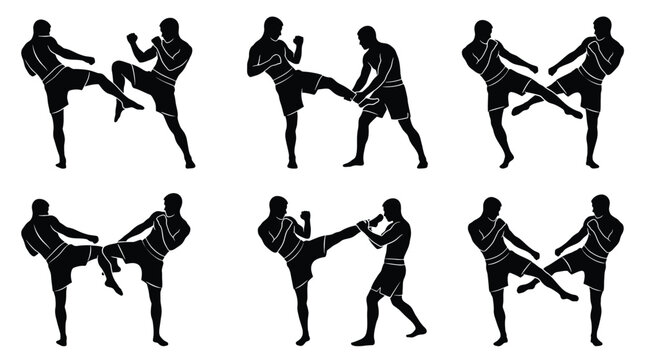 Set of kickboxing fighters silhouettes, martial arts athletes in action, muay thai fighters, vector illustration