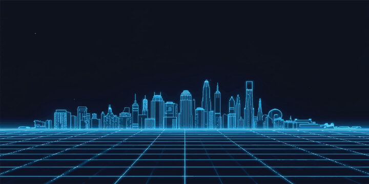 An abstract blue digital background featuring binary code overlays a stylized vector cityscape silhouette with towering skyscrapers and modern office buildings under an urban night sky
