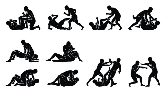 Set of silhouettes of fighters in various positions of ground fighting, grappling and mixed martial arts