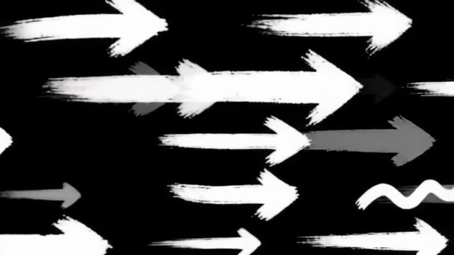 A minimalist motion graphics video: pure white hand-drawn arrows animating on deep matte black background with high-contrast lighting. Abstract concept of dynamic simplicity