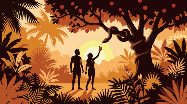 Biblical illustration of Adam and Eve standing in the lush Garden of Eden as a cunning serpent on the tree of knowledge offers the forbidden apple during a warm sunset