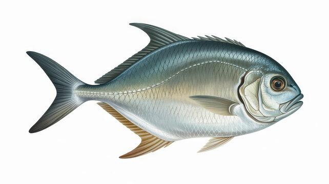 Detailed of a silver pompano fish swimming isolated on a white background