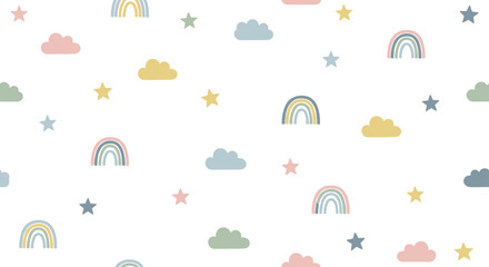 Obraz premium A repeating seamless pattern displays pastel-colored rainbows paired with soft fluffy clouds and tiny decorative stars on a simple light off-white background surface.