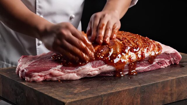 A skilled chef showcases their artistry, carefully massaging a savory marinade into a luscious cut of meat. The rich textures and vibrant colors hint at a delightful culinary creation in process.