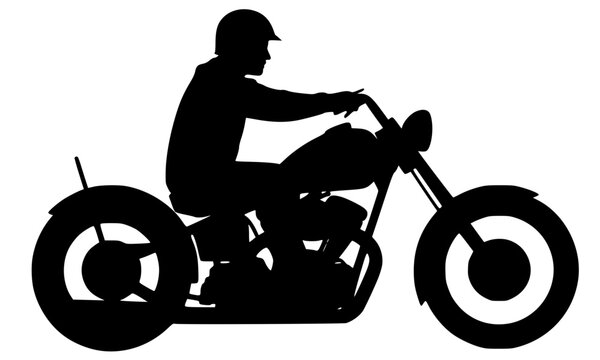 Black silhouette of a male biker riding a classic vintage chopper motorcycle, isolated on white background, ideal for biker club logos, t-shirt prints, and retro motorbike design concepts