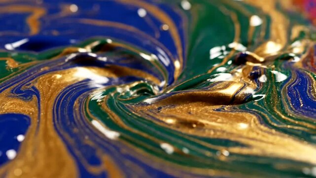 Vibrant swirling colors of gold, green and blue.
