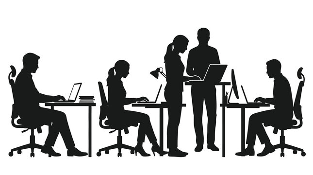 Silhouettes of business people working in office, group of employees sitting and standing at desks with computers