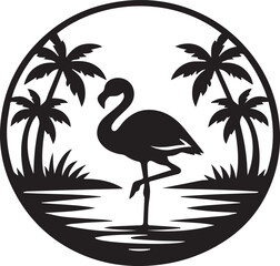 Black and white flamingo standing among palm trees by water Vector © MSTJESMIN