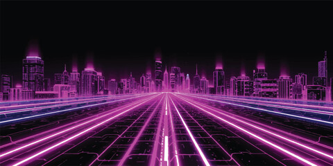 Abstract purple background with city traffic light trails and neon stripes blurring through an urban night highway depicting fast motion and speed © JAHURA