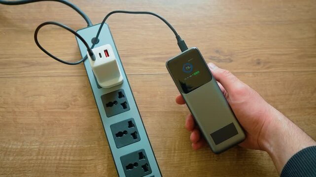 Hand holding modern power bank switching display modes during charging process with percentage indicator and graph. USB cable connecting portable battery to power strip adapter delivering energy flow