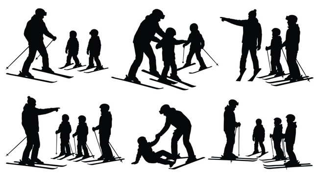 Silhouettes of ski instructors teaching children to ski