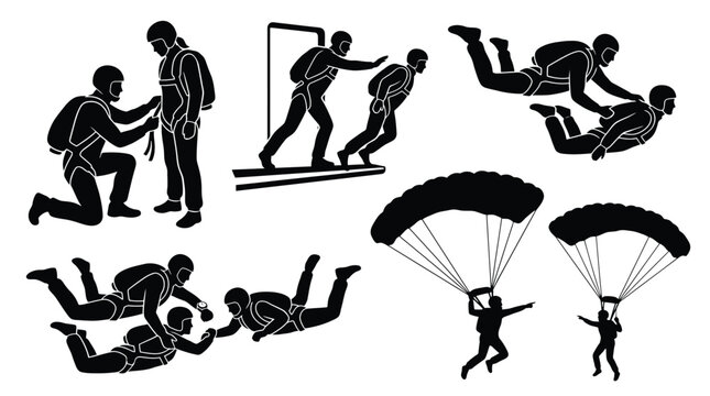 Set of silhouettes of skydivers and parachutists, tandem jump, preparation and landing, extreme sports, vector illustration
