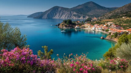 Obraz premium Breathtaking coastal view with vibrant flowers in the foreground. This image captures serene waters and distant mountains. Perfect for travel and nature themes. AI