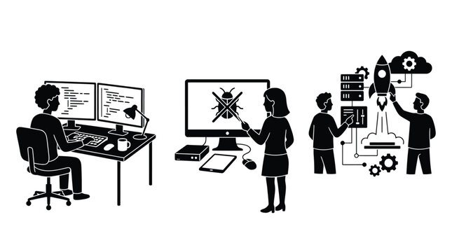 Set of software development icons, including coding, debugging, and deployment process, flat vector illustration