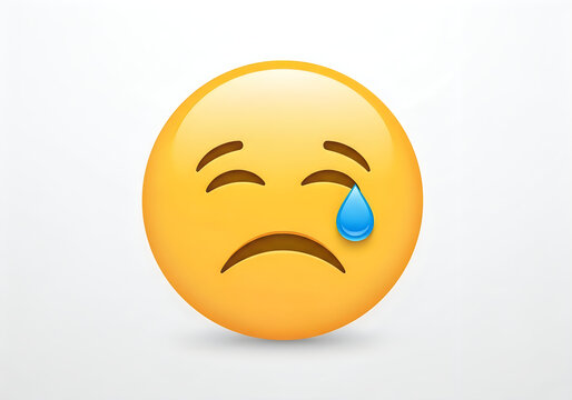 A sad emoji crying with a tear falling down its cheek isolated on white background