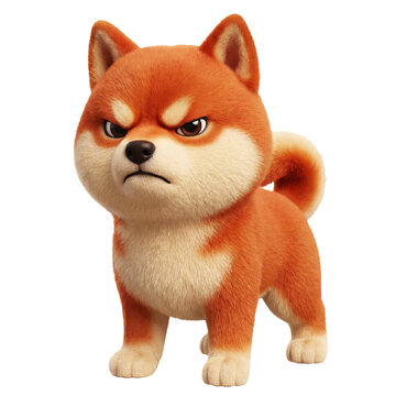 Angry little Shiba Inu puppy with grumpy facial expression standing on transparent background