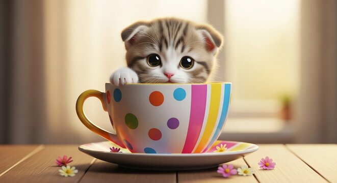 adorable striped kitten peeking from colorful polka dot coffee mug on wooden table