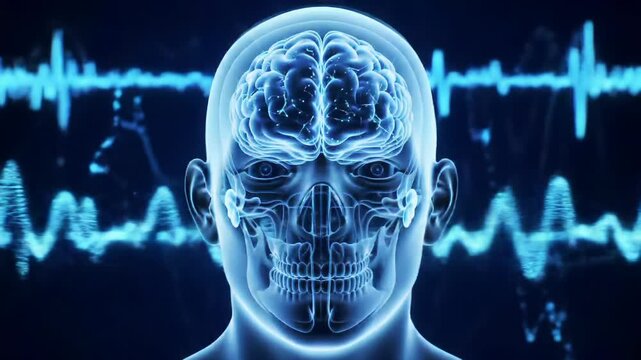 Translucent human head with cool blue bioluminescent brain, intricate neural pathways, and inner ear structures glowing against a deep abyssal void background with pulsing soundwaves. High-tech AI