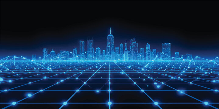 Abstract technology digital blue background featuring a city skyline with business data graphs and a glowing medical heartbeat ekg wave vector illustration