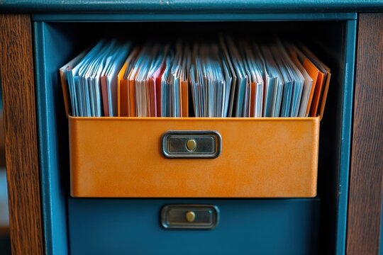 Old Vintage Yellow File Box with Partially Open Lid and Document Folders Close Up