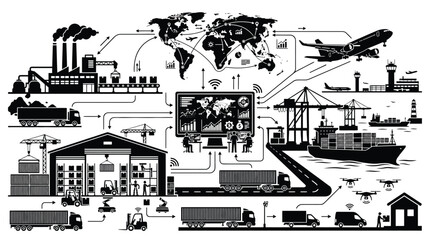 Obraz premium Logistics and supply chain management concept with global distribution network, smart warehouse, transportation, and digital tracking system, vector illustration