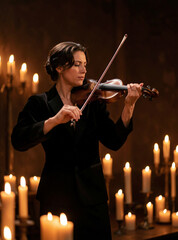 Fototapeta premium A woman engrossed in playing a violin, surrounded by candlelight that casts shadows and creates an intimate atmosphere.
