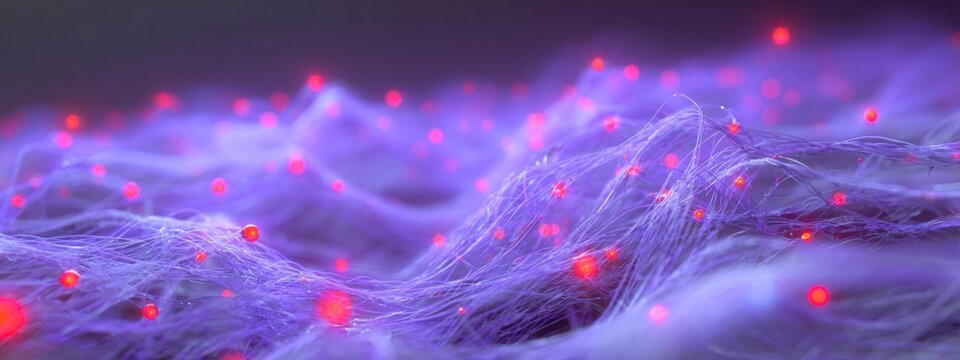Purple abstract neural fibers with glowing red particles represent signal transmission, biology, medical research and microscopic science concept. banner 