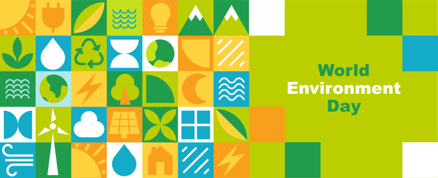 World Environment Day eco banner, gaometrical sustainable environment, and green energy concept