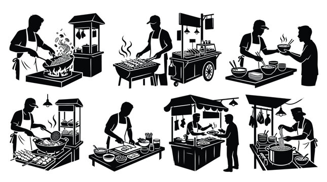 Set of street food vendors cooking and serving delicious meals, silhouettes of chefs preparing asian cuisine at food stalls, vector illustration