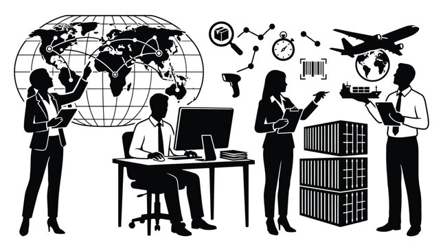 Logistics and supply chain management concept with business people working with global shipping, air freight, and container cargo tracking