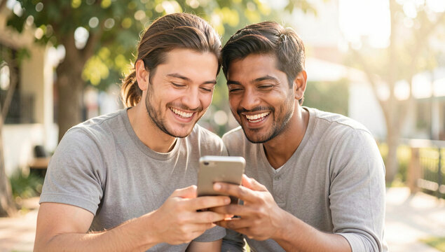 Friendly interaction between two men viewing content on a smartphone.