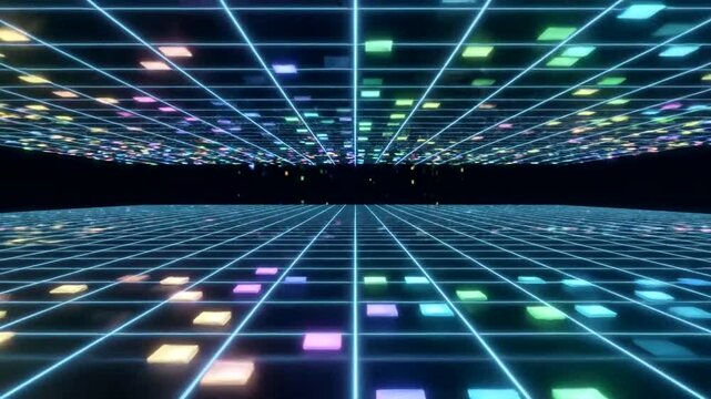 Vibrant grid of colorful neon lights.