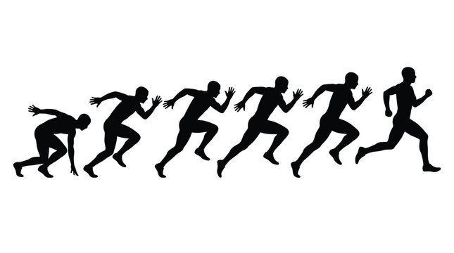 Set of silhouettes of a runner starting a race and accelerating
