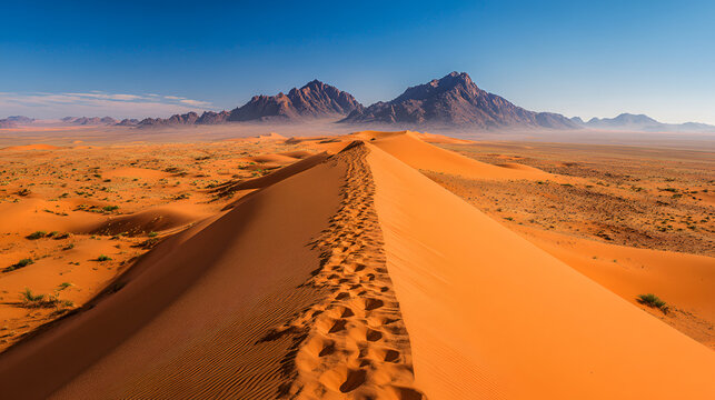 Vast Namib Desert Landscape with Towering Sand Dunes and Distant Mountains.