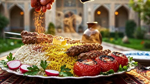Traditional Persian kebab with rice and vegetables.
