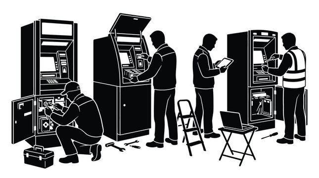 Technicians repairing and maintaining atm machines, professional service and technical support for banking equipment, black and white vector illustration