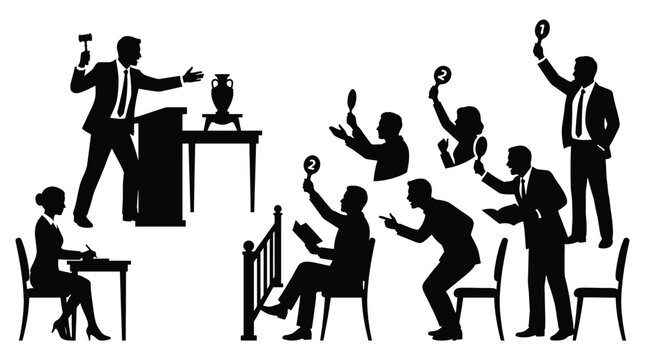 Auctioneer with gavel and bidders with paddles at an auction house, silhouette illustration