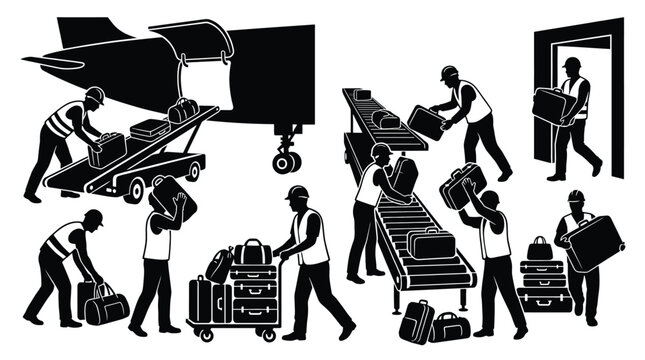 Airport ground crew handling luggage and baggage silhouette vector illustration workers loading and unloading airplane cargo
