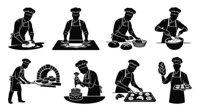 Set of silhouettes of bakers preparing bread and pastries, professional chef in uniform cooking in the kitchen, vector illustration