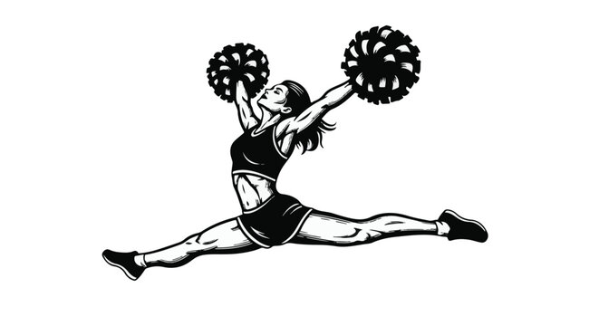 Cheerleader in mid jump with pom poms