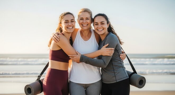 Mother and daughters happy hugging on beach with yoga mats