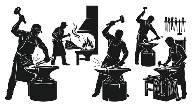 Blacksmith workshop silhouette set with smithy characters working at forge and anvil metalworker craftsmen using hammer, tongs and bellows to forge iron tools industrial vintage vector
