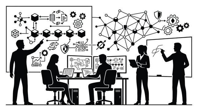 Team of professionals working on blockchain technology, network security, and data analysis, conceptual illustration with digital icons and diagrams
