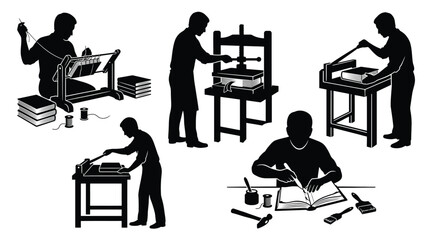 Set of silhouettes of a bookbinder working on the process of bookbinding, including sewing, pressing, cutting, and gluing